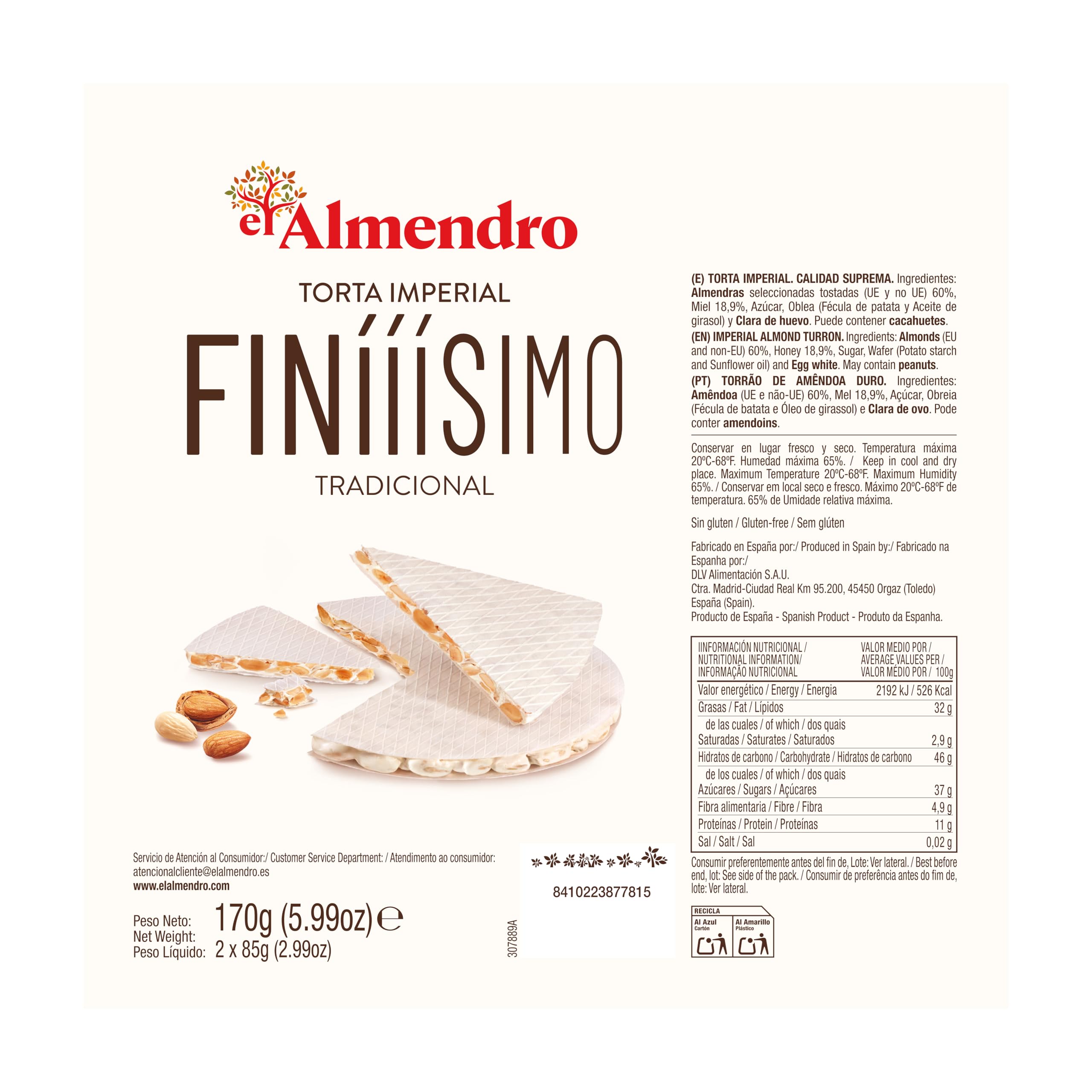 El Almendro, Torta de Turrón Finííísimo, Turrón con Miel y Almendras Seleccionadas, Sin Gluten, Aromas, Colorantes ni Aceite de Palma, Ideal para Cesta Navidad, Made in Spain, 170 Gramos