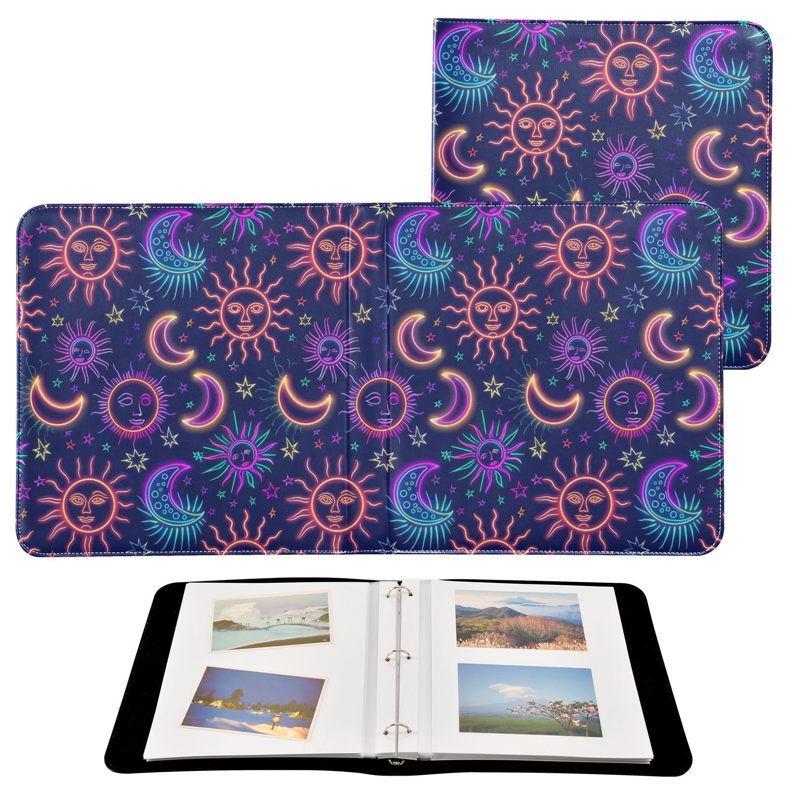 JIPONI Neon Sun Moon and Stars Large Photo Album, DIY Leather Cover Scrapbook Albums for 4x6 5x7 6x8 Pictures, Self Adhesive Memory Book for Wedding, Baby, Family