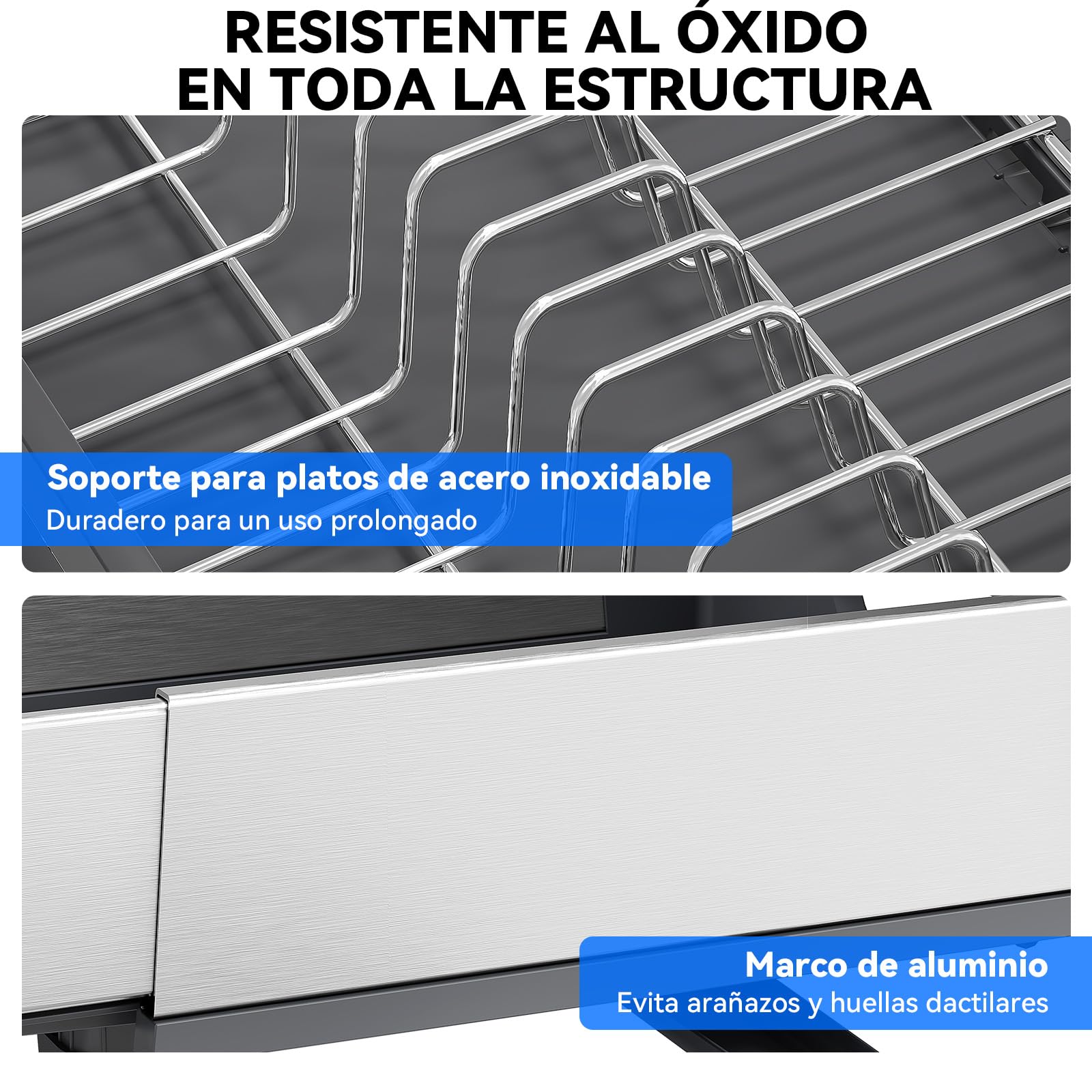 Urackify Escurridor de Platos, Gris | Extensible, Acero Inoxidable, Aluminio, Soporte Utensilios Extraíble, para Encimera
