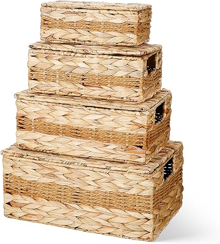 Soaoo Juego de 4 cestas de almacenamiento de jacinto de agua con tapa, organizador rectangular de despensa con forro tejido natural, organizador de