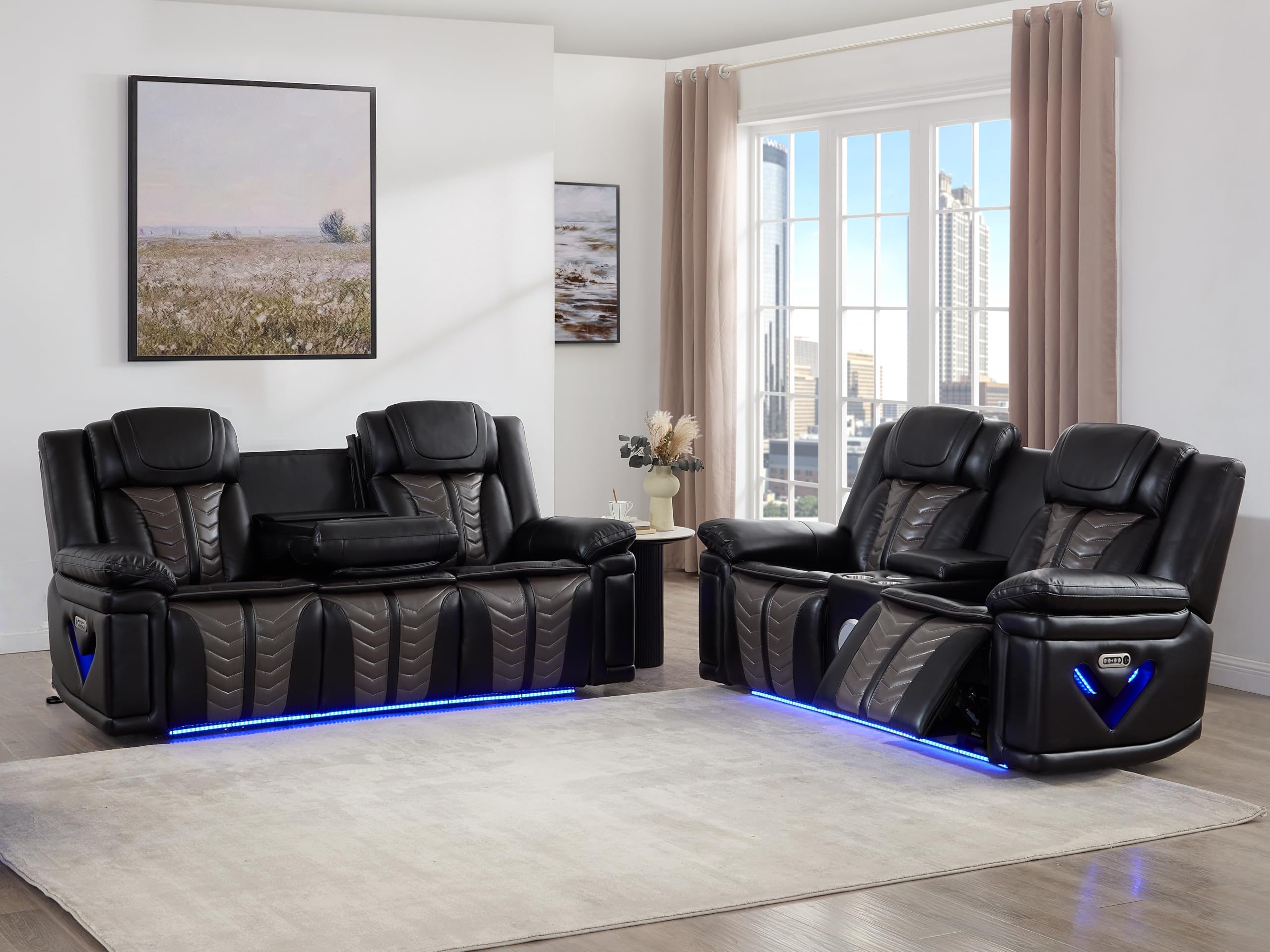 - THSUPER Power Leather Recliner Sofa Loveseat Sets with Power Headrest and LED Light for Living Room, Leather Living Room Furniture Reclining Couch Set with Bluetooth Speaker. Black Grey | Breathable Material, Wireless Charging, USB and Type-C port, Cup Holders, Easy to Assemble, Thickened Sponge