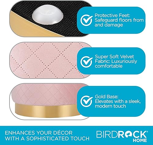 Miniatura 15 de BIRDROCK HOME Taburete otomano redondo de terciopelo con diseño de celosía y ribete dorado, reposapiés suave y acolchado para sala de estar o