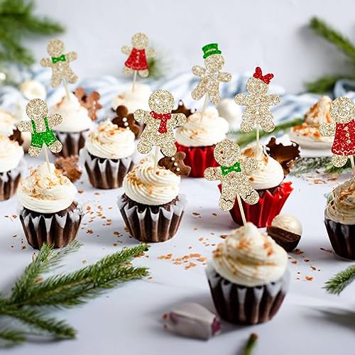 Miniatura 4 de Gyufise 24 piezas de adornos navideños para cupcakes de hombre de jengibre con purpurina, para revelación de género, para Navidad, baby shower,