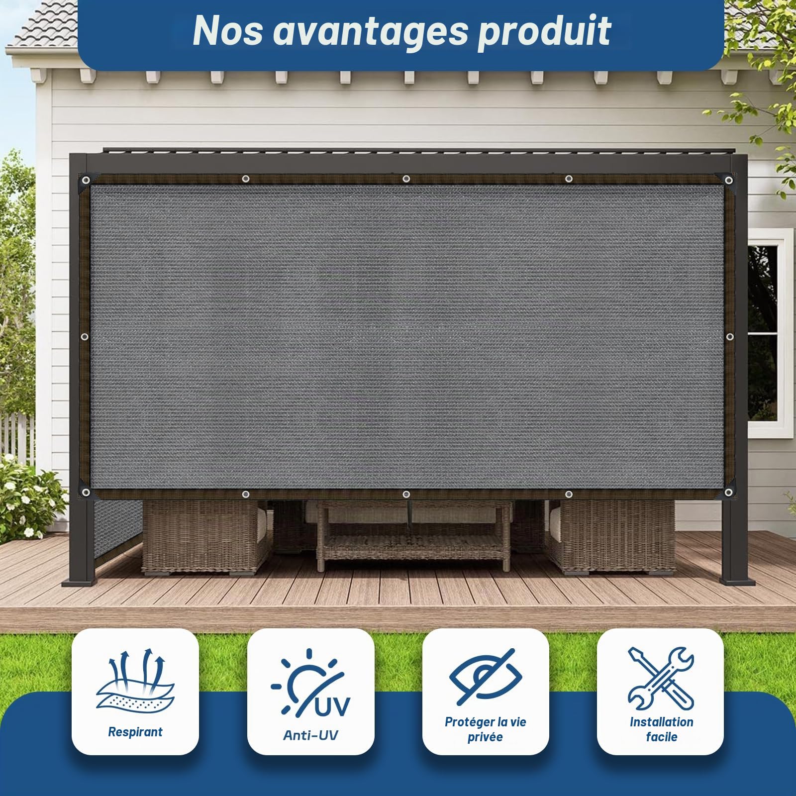 Voile d'ombrage de jardin - Avec œillets - Protection solaire - 4 x 5 m - Filet d'ombrage pour balcon, serre, plantes, terrasse, poulailler, piscine - Brise-vue - Coupe-vent - Perméable à l'eau