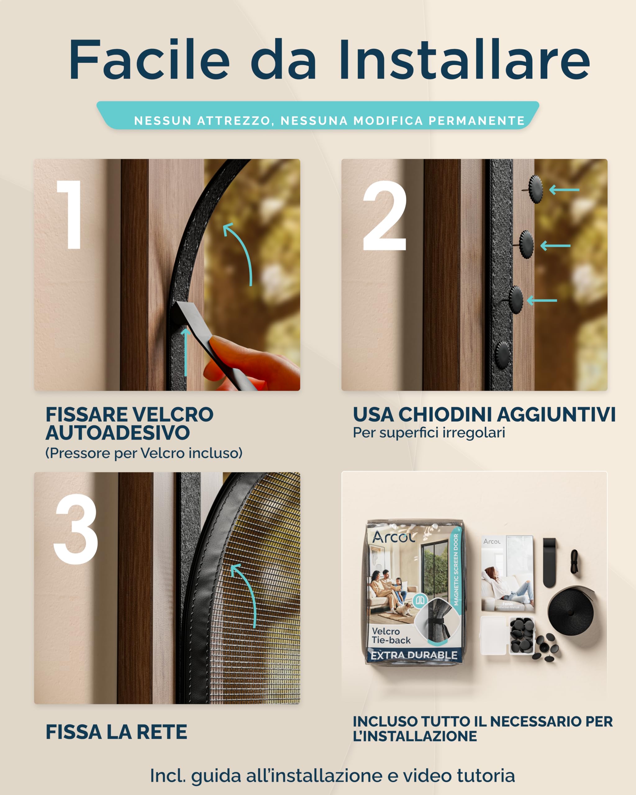 ARCOL Zanzariera Magnetica 120x240 cm Premium in Fibra di Vetro - Stop Zanzare in 3 Min., Rete Ultra-Fine Anti-Insetti, Chiusura Automatica con Magneti & Pesi, Nastro a Strappo Extra-Largo (Nero)