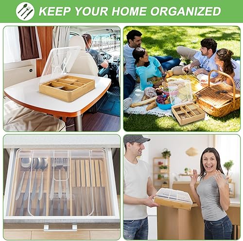 Miniatura 3 de Bamboo Drawer Organizer for Utensils Holder, Silverware Cutlery Tray for Drawer, Wood kitchen drawer storage With Lid for Flatware Cutlery (wood)