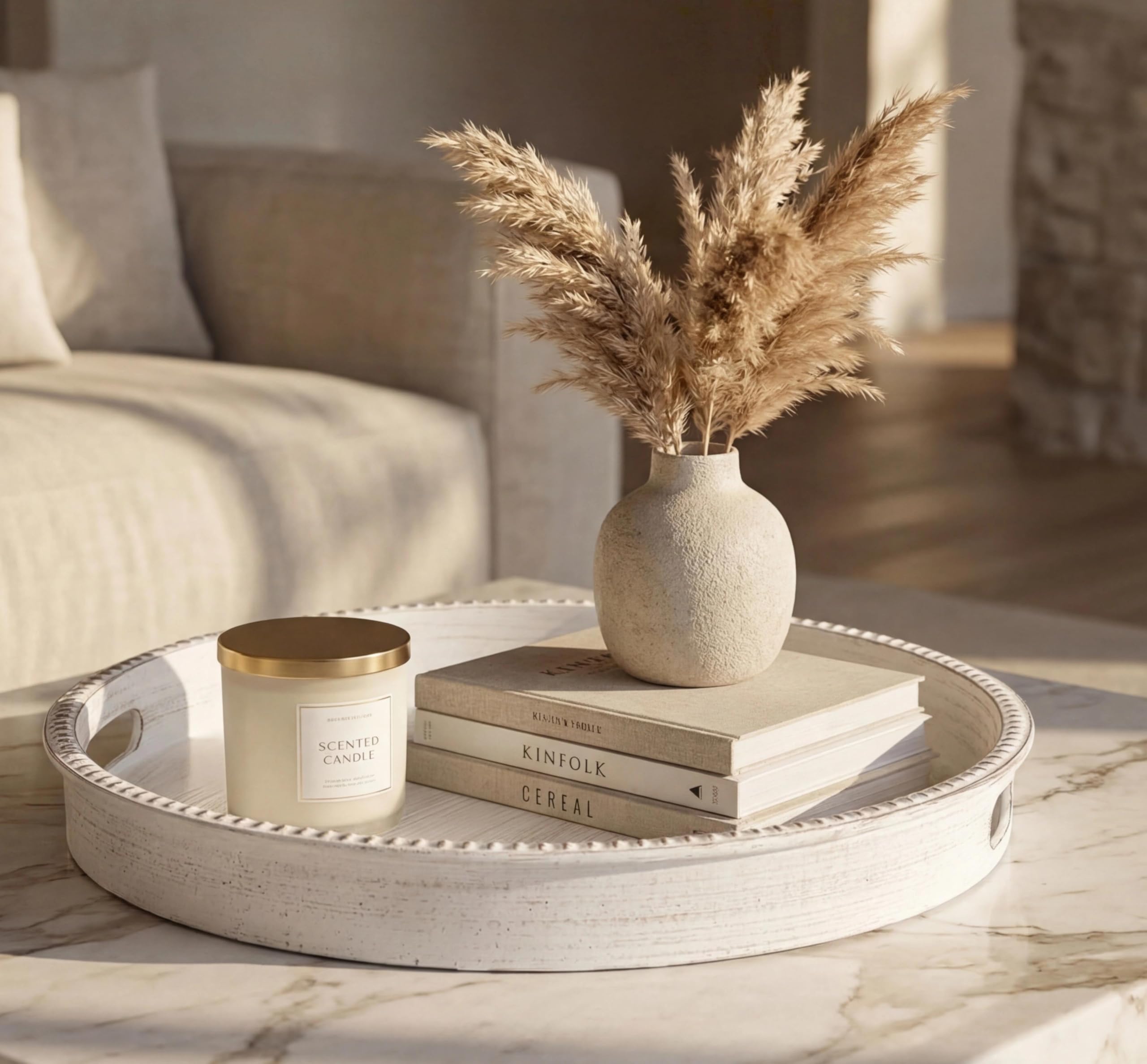 Simmer Stone 13 Inch Round White Centerpiece Tray with Handles - Plastic Distressed Wood Grain Decorative Serving Platter for Coffee Table - Rustic Farmhouse Ottoman Decor, Perfume & Candle Organizer