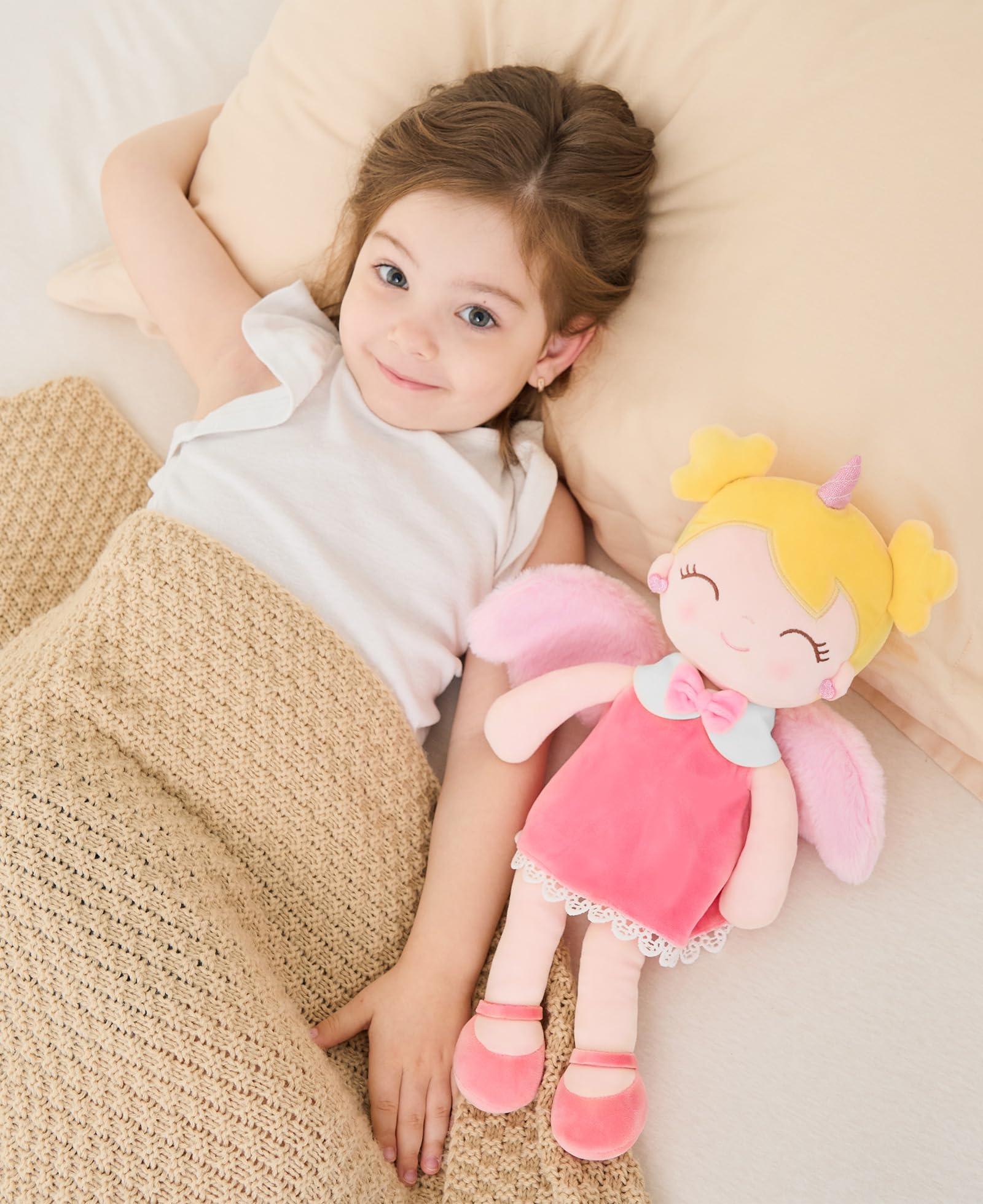 GAGAKU Peluche Bambola Unicorno Morbido Tessuto Peluche 40 cm Unicorno Angelo Custode Bambola Bambina Regalo Battesimo con Ali Peluche Bambola Portafortuna per Bambini 3-6 anni - Angelo Rosa