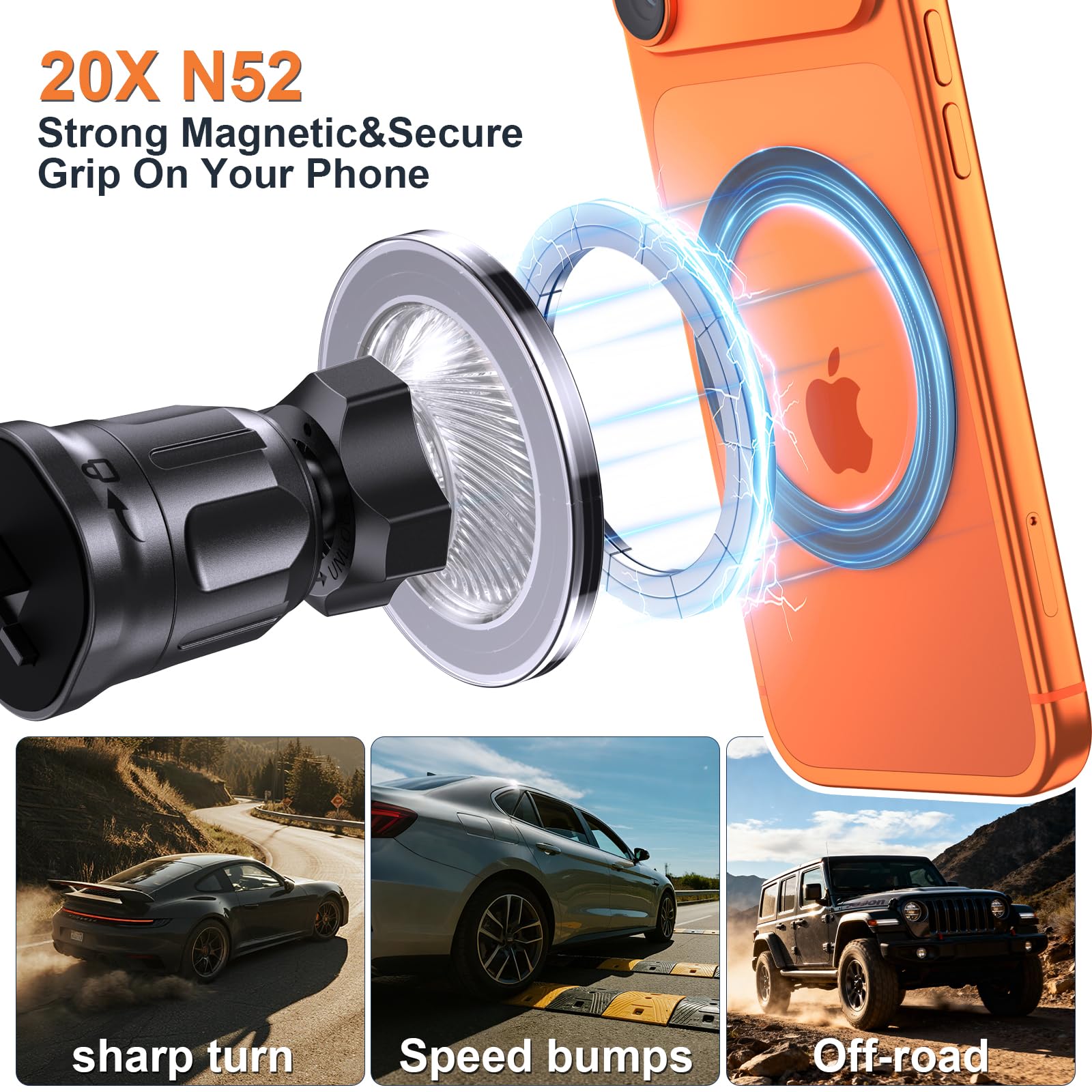 MOKPR for Magsafe Car Mount【16X N52 Magnets】 Magnetic Phone Holder for Cars Air Vents/Dashboard for iPhone 17/16/15/14/13/12& MagSafe Case, with Metal Plates Fit Smartphones (Black) — view 4
