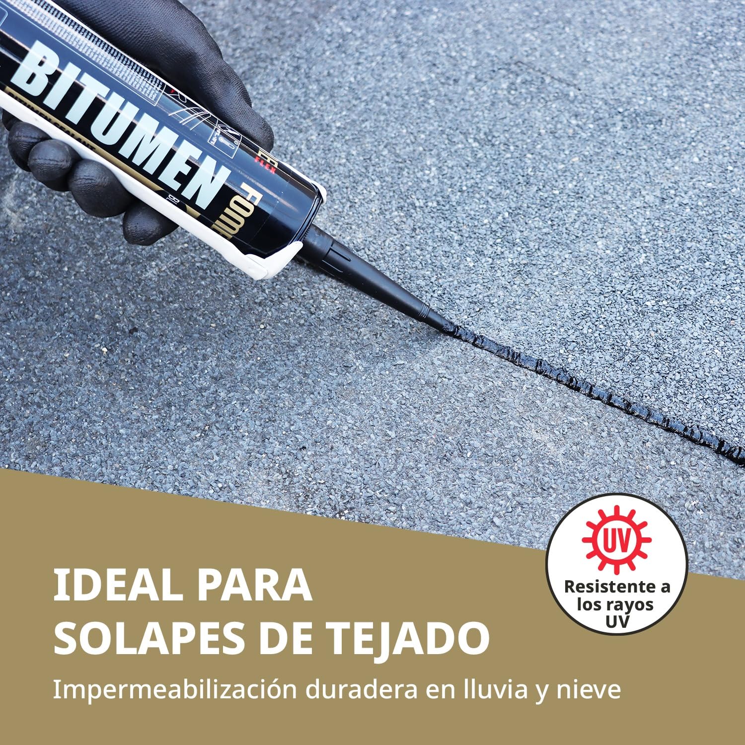 Sellador Bituminoso – Sella Filtraciones en Tejados y Canalones en Húmedo o Seco – Soporta de -50°C a +90°C – Se Adhiere a Betún, Cemento, Madera y Metal – 4 x 300 ml