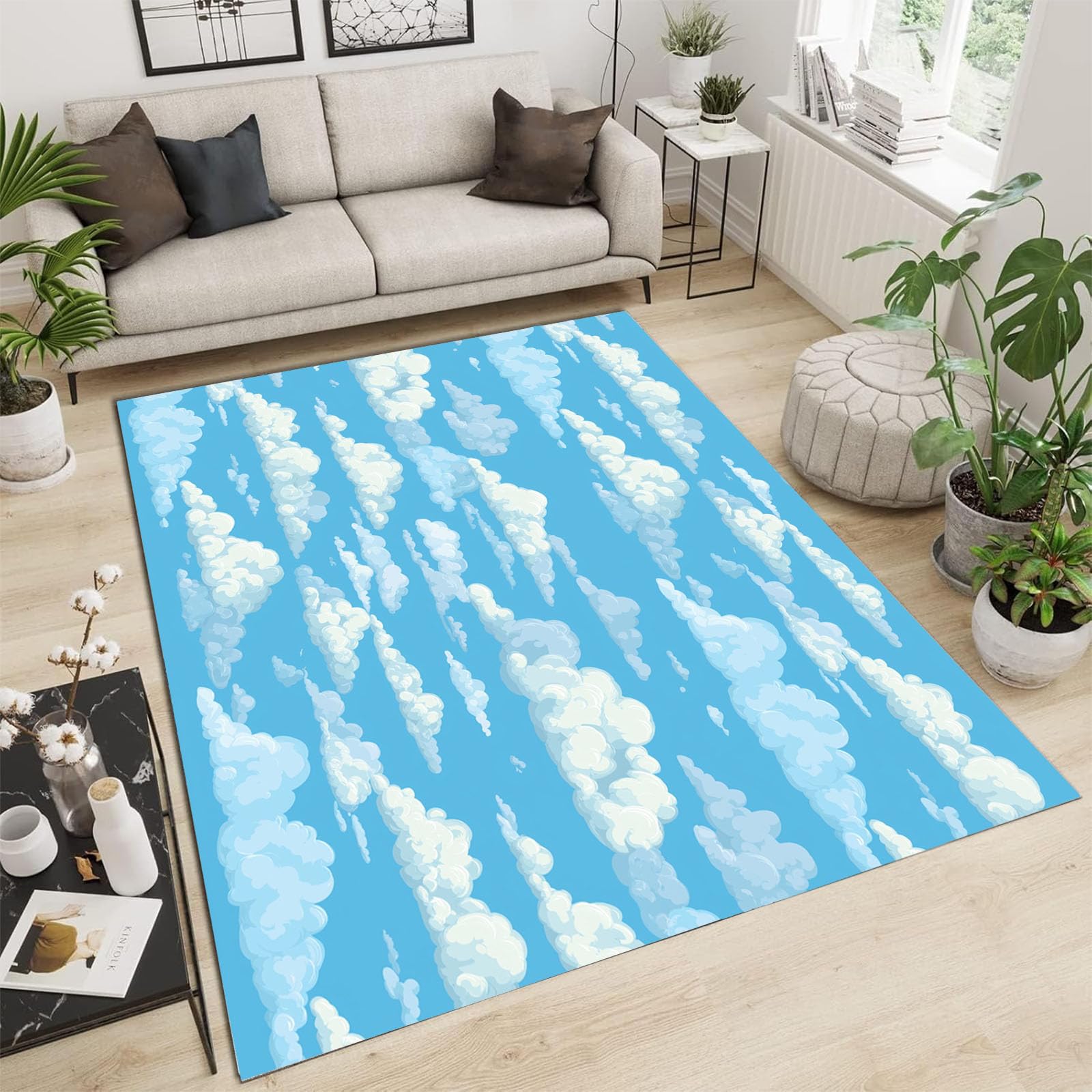 Grand tapis bleu ciel nuageux pour salon et salle à manger