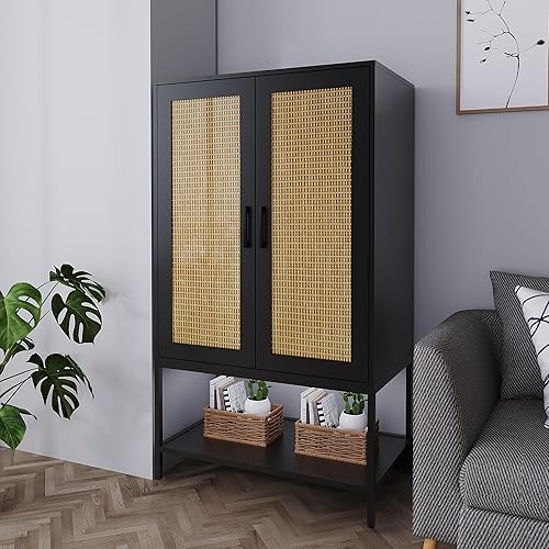 Miniatura 8 de BOCVKENN Armario ropero, Armario de ratán para dormitorio con 2 puertas, armario de madera con estantes y barra para colgar ropa, color blanco