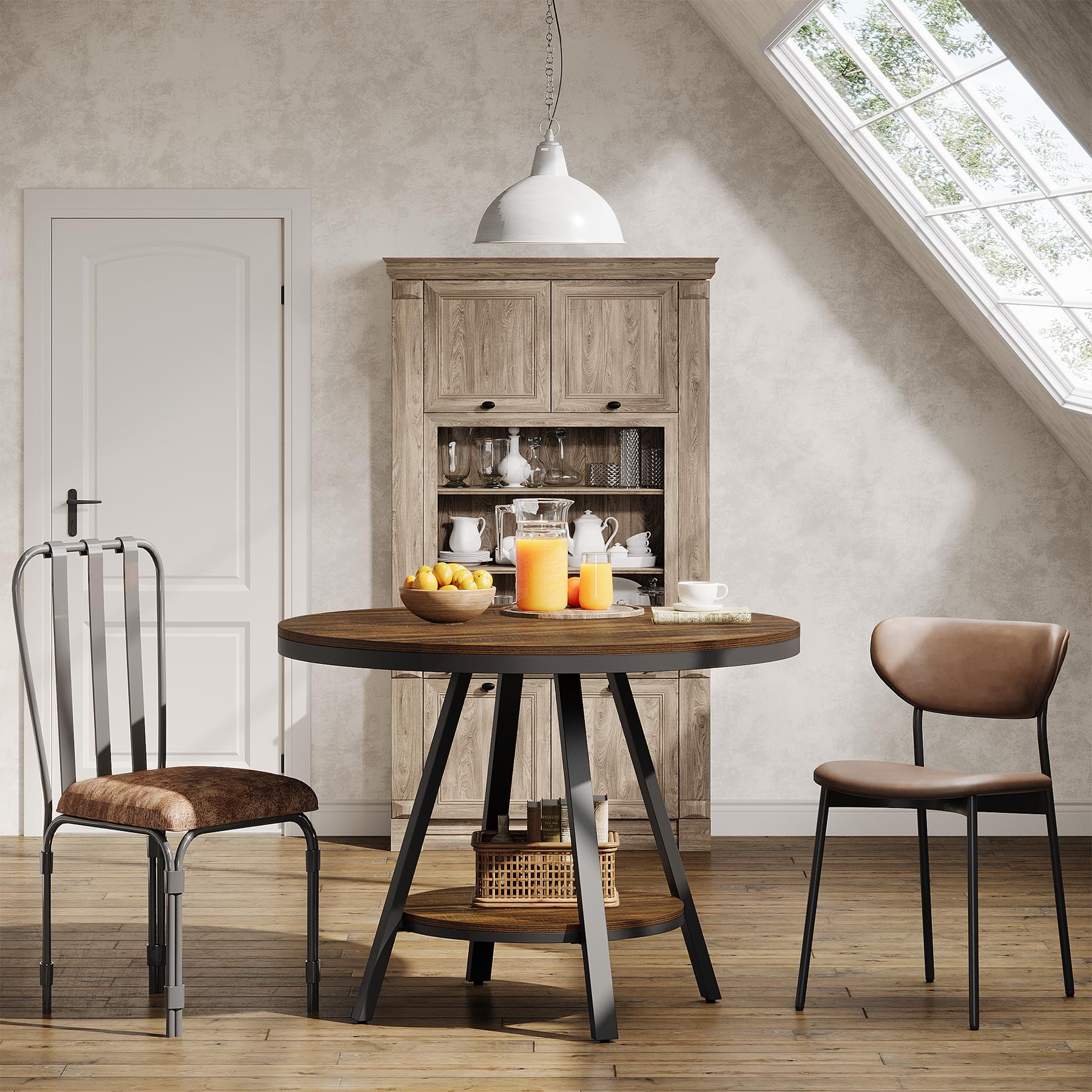 Tribesigns Mesa de Comedor Industrial Redonda de Dos Niveles, Mesa de Comedor pequeña para Cocina para 2-4 Personas, Mueble de Cocina de Madera de 90 cm con Patas metálicas Resistentes, marrón