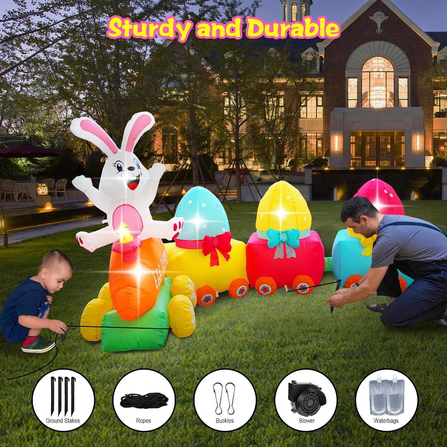 11FT Easter Inflatable Train with Bunny & Carrot & Easter Eggs Decoration, Easter Blow Up Yard Decoration Rabbit Inflatable Built-in 6 LED Lights for Easter Party Indoor Outdoor Lawn Decor