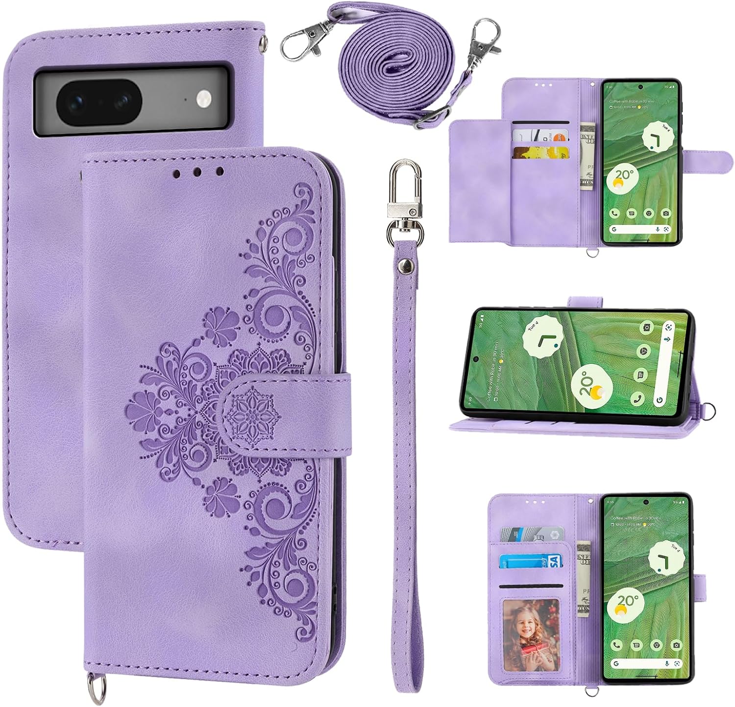 Wallet Case for Google Pixel 7 5G with Wrist Strap Crossbody Shoulder Strap, Embossed Leather Flip Card Holder Stand Cell Phone Accessories Cover for Pixel7 Pixle Seven 6.3 Women Girls Purple
