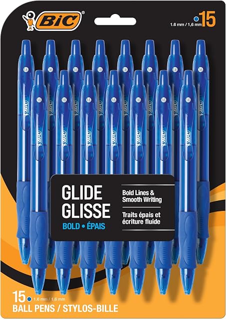 BIC Glide Bold Stylos à bille rétractables Ultra-Smooth, fournitures scolaires pour les étudiants et les enseignants, 15-Count Emballage en bleu
