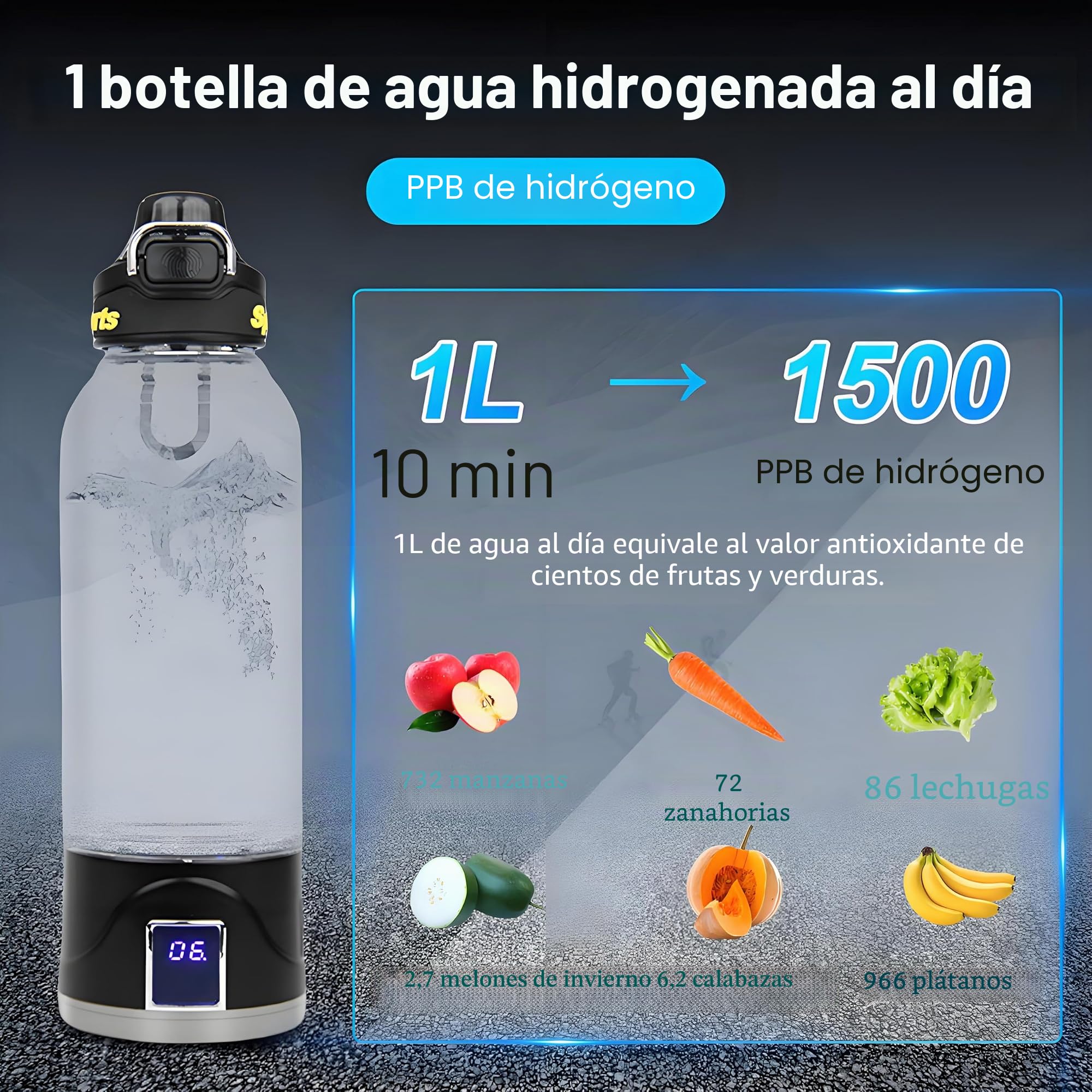Botella de agua de hidrógeno, 1 L, con tecnología SPE y PEM, 10 min, electrólisis 1 L, USB, generador de agua, para viajes y deportes