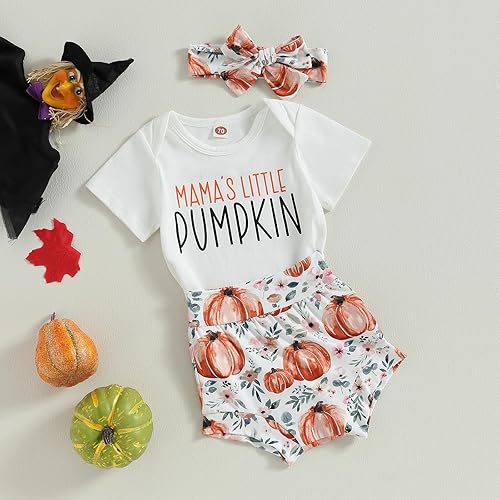 Miniatura 2 de Conjunto de 2 piezas de trajes de Halloween para bebé niña, manga corta, estampado de letras, mameluco de calabaza, pantalones cortos 3, 6, 12, 18