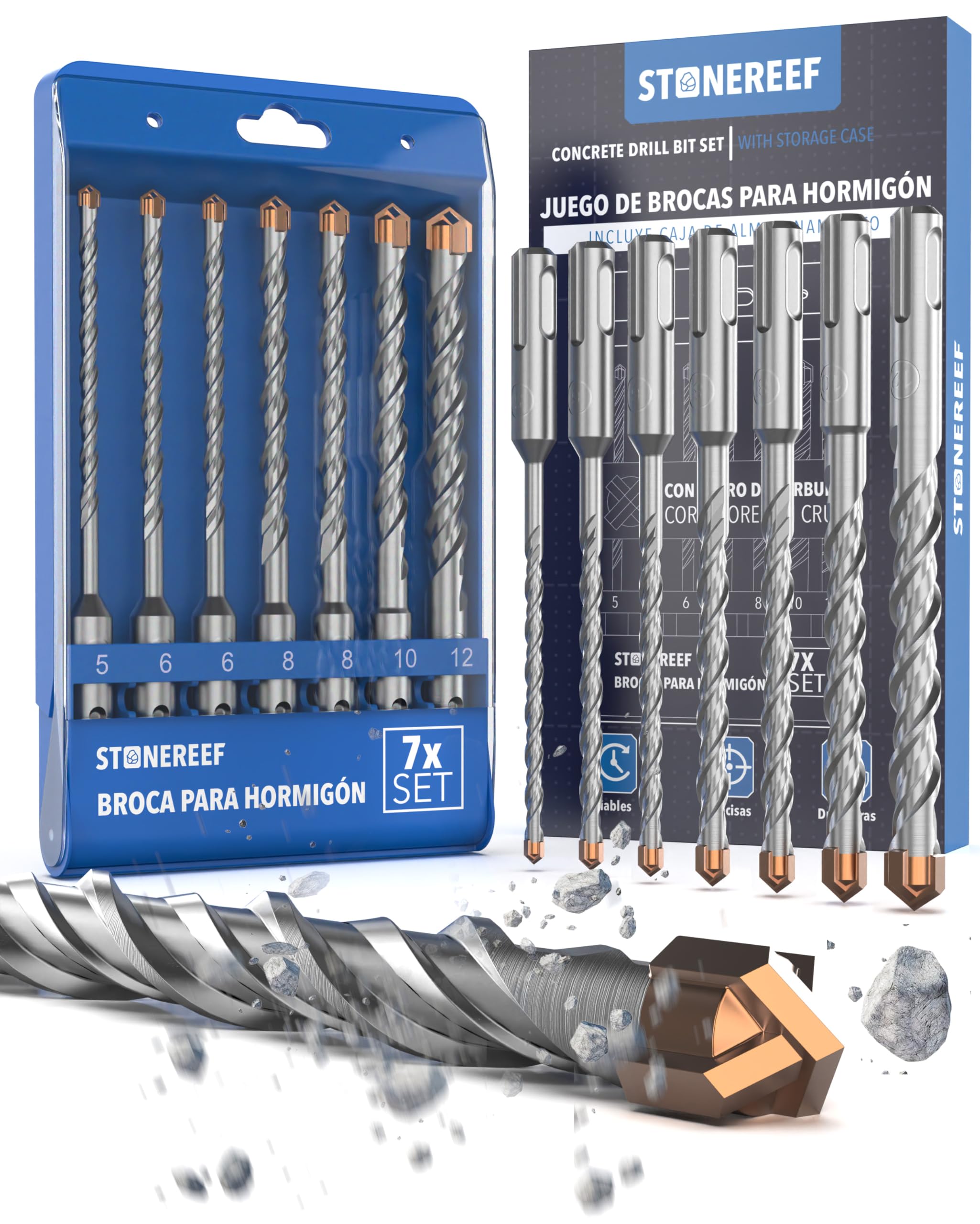 SDS Plus - Juego de brocas para hormigón, 7 piezas, incluye caja, diámetro de 5, 6, 6, 8, 8, 10, 12 x 156 mm, juego de brocas profesionales para hormigón, piedra y mampostería