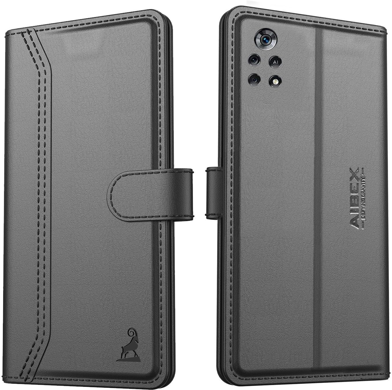 AIBEX ® Compatible for Poco X4 Pro 5G Flip Cover Leather Finish | Inside TPU with Card Pockets | Wallet Stand | Complete Protection Flip Case - Black