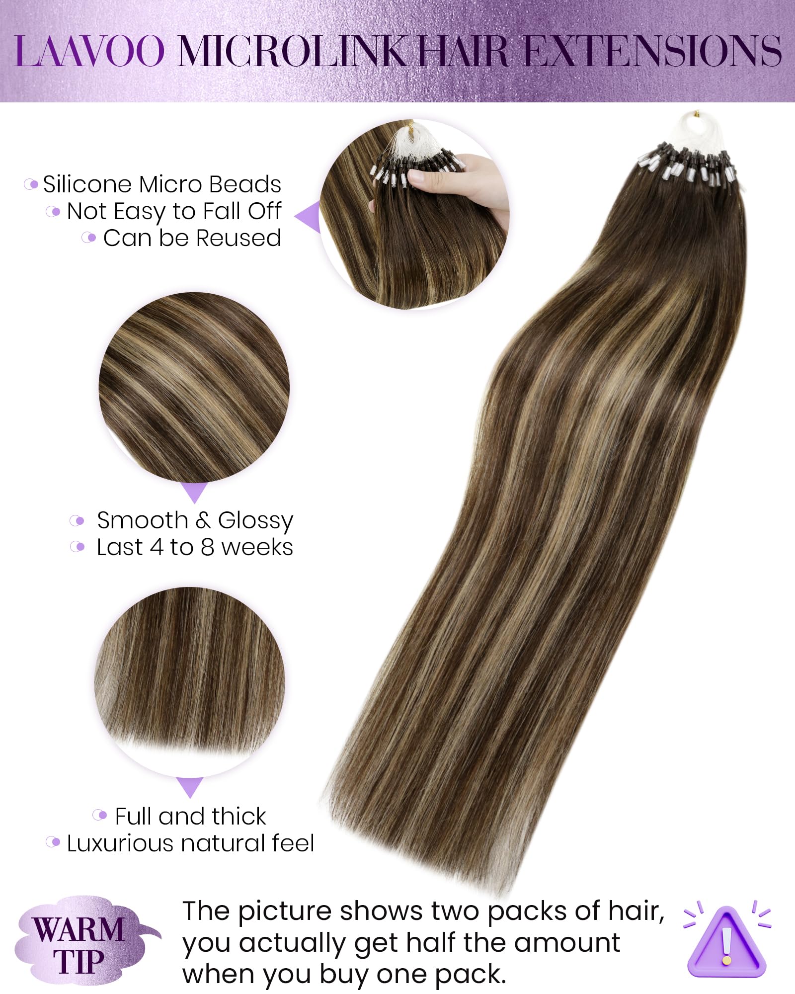 LaaVoo Blonde Micro Loop Hair Extensions Real Human Hair 24 Inch Remy Straight Balayage Dark Brown Mix Caramel Blonde Invisible Micro Ring Hair Extensions 50g 50s #4/27/4 - Image 2