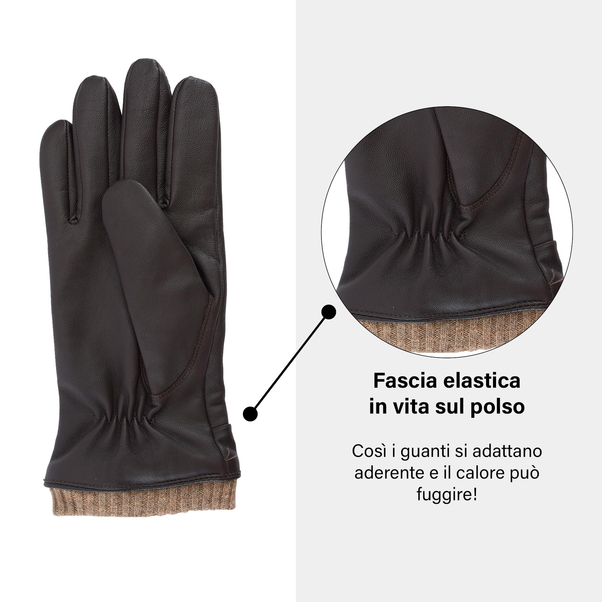 Guanti in pelle da uomo - Fodera interna in 100% lana - Guanto con funzione touch smartphone - Elegante guanto invernale - 100% nappa di pecora