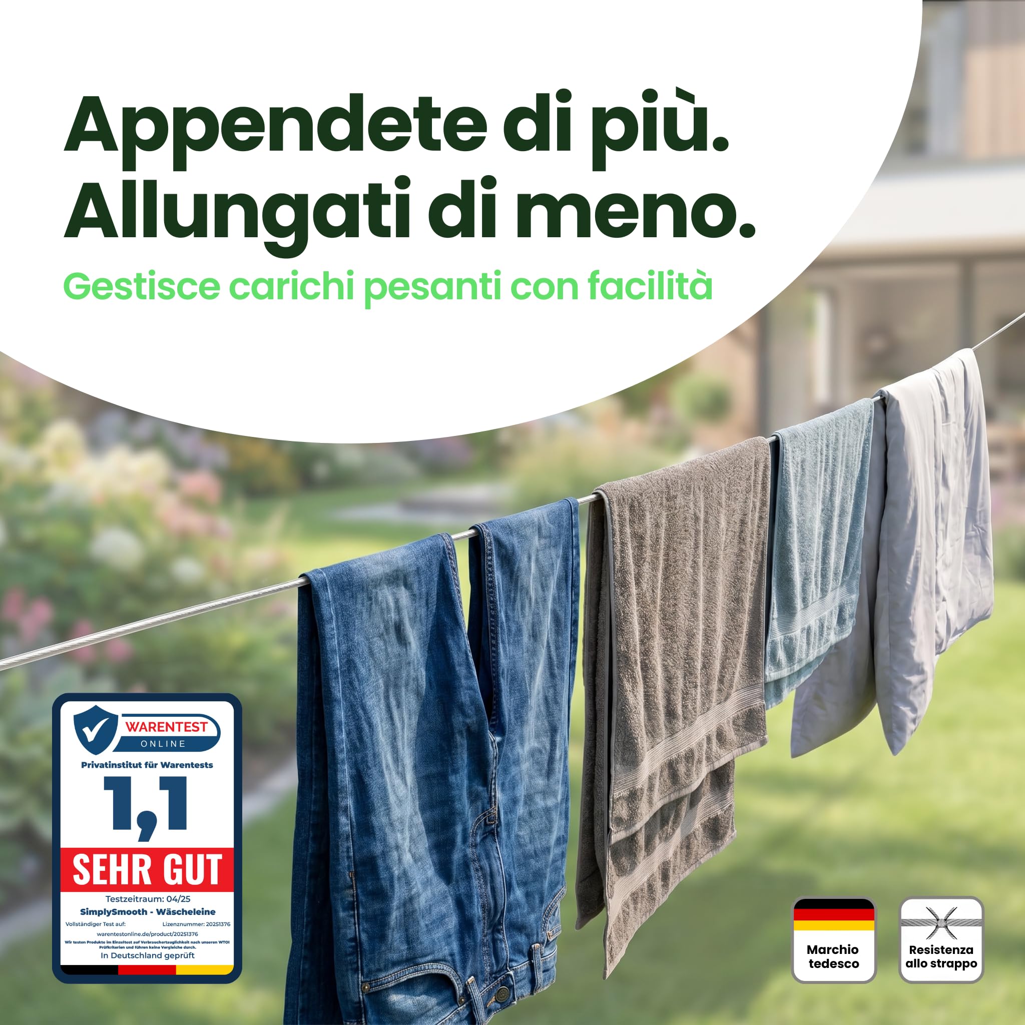 SimplySmooth Stendibiancheria 30m - Corda con anima in acciaio in 3 lunghezze - Extra resistente e robusta - Per giardino, campeggio e stendibiancheria - Corda da esterno