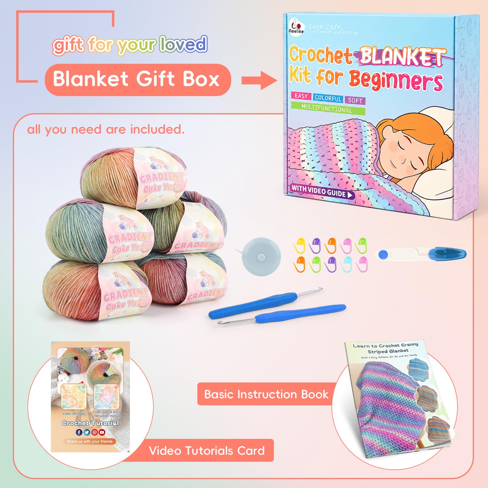 Beginner Crochet Blanket Kit - Rainbow Gradient -8 Beginner Crochet Blanket Kit - Rainbow Gradient -8