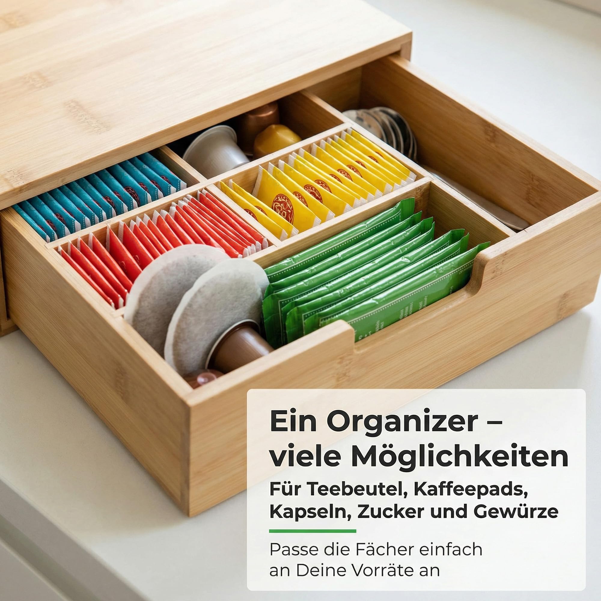 Presar Tee Organizer Box mit Schublade, 45x30x10 cm, Kaffeemaschinenstand aus Bambus mit Schubladenbox zur Aufbewahrung von Teebeuteln, Besteck & Kaffee Küche, Haushalt & Wohnen
