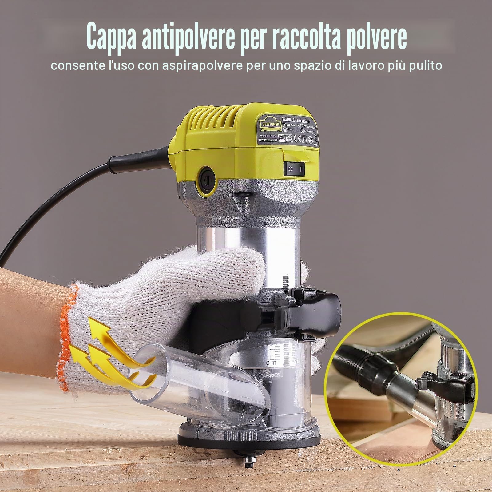 Fresatrice Rifilatore, DEWINNER Router di legno elettrico 710W 13000-33000 giri/min, 6 velocità variabili, 3 pinze da 1/4'', 6mm e 8mm, laminatore professionale con accessori
