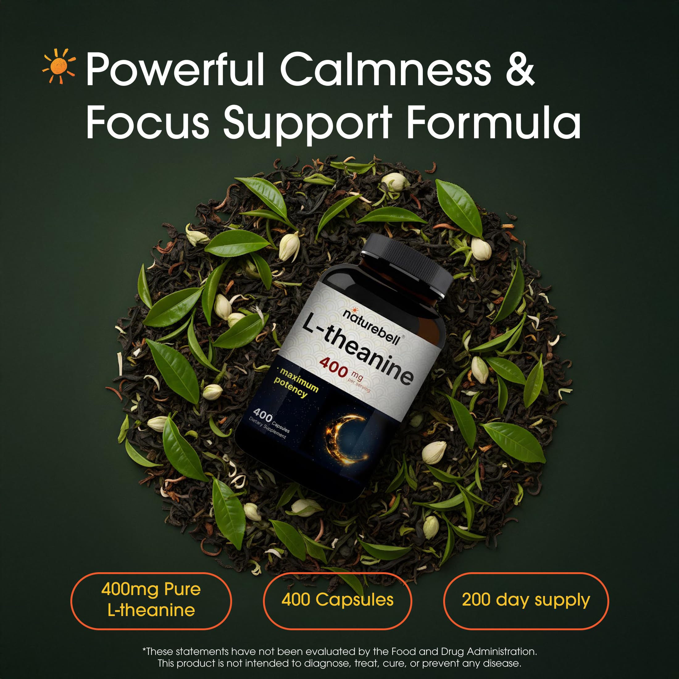 NatureBell L-Theanine Supplement - 400 Capsules - 400mg Max Potency Amino Acid Support - for Relaxation, Calm, and Focus - Non-Drowsy Free-Form Formula* — Amazon image 2