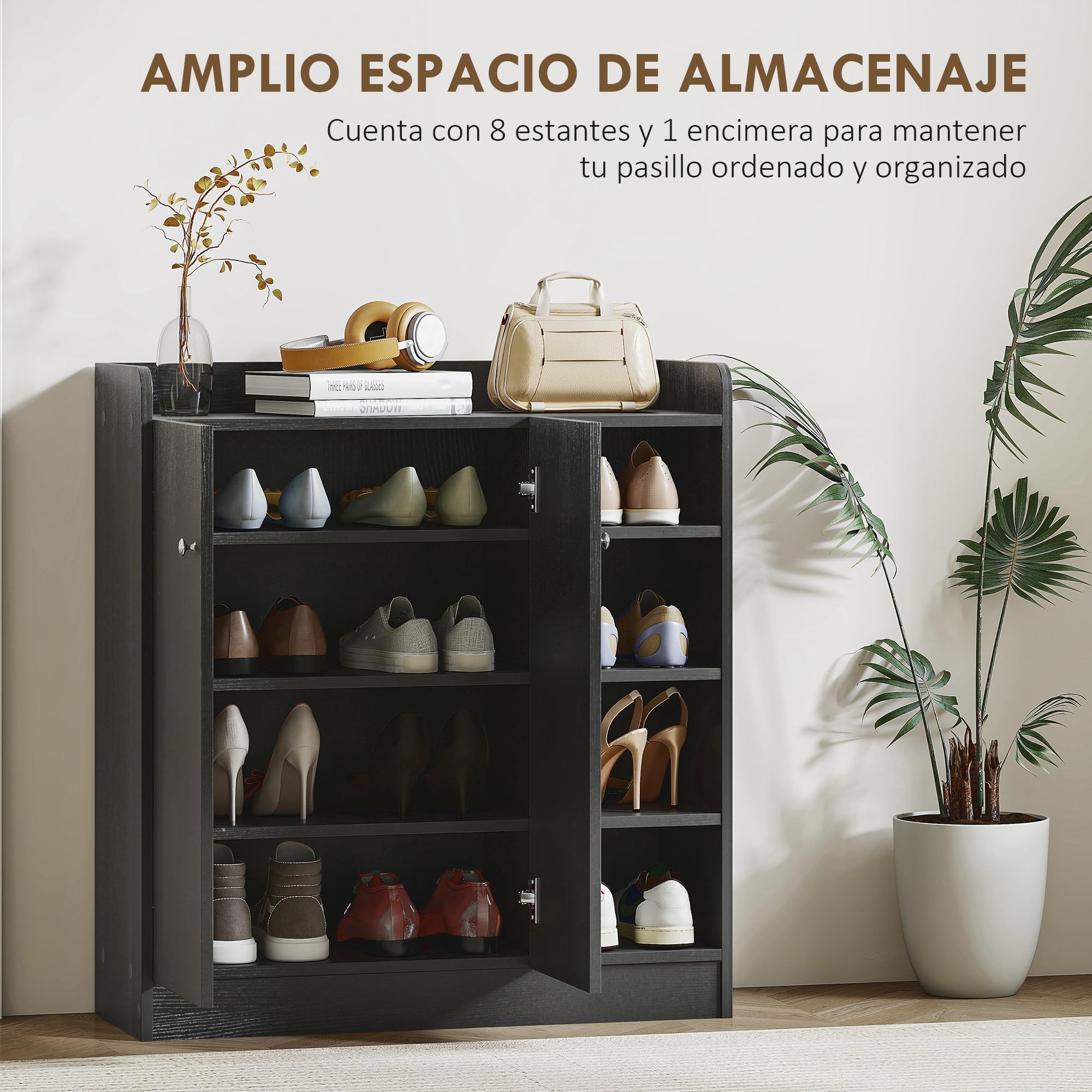 HOMCOM Mueble Zapatero de 2 Puertas Zapatero Estrecho con Estantes Ajustables para 12 Pares de Zapatos para Pasillo Entrada 83x30x90 cm Negro