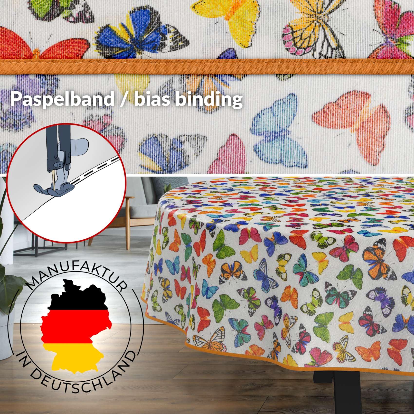 Mantel de tela textil lavable, mantel de algodón y poliéster, diseño de mariposas, ovalado, 260 x 140 cm, para interior y exterior