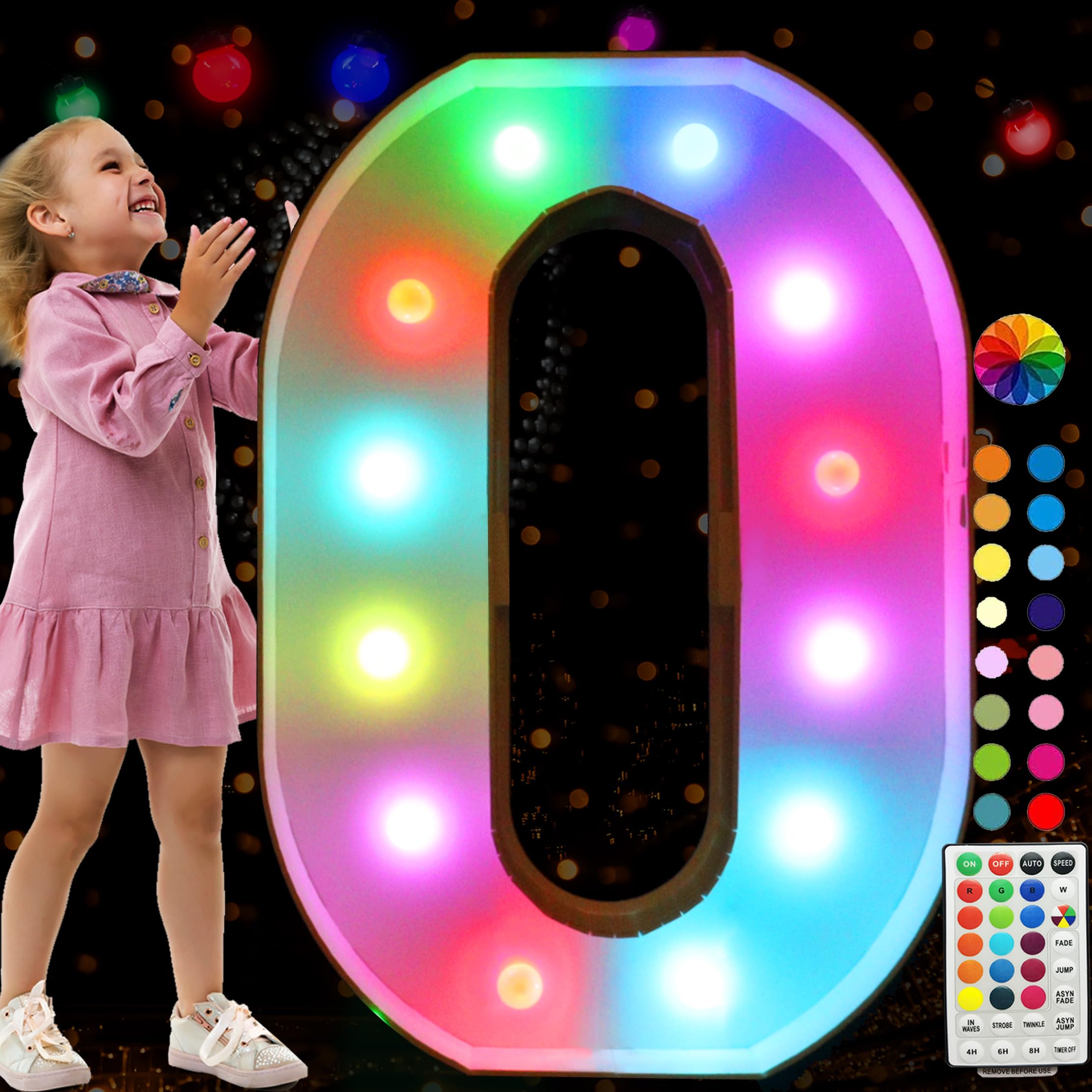 Photo 1 of Pooqla 3FT Marquee Light Up Numbers, Large Lighted Marquee Numbers with Remote, RGB Giant Mosaic Numbers for Balloons for Party Birthday Baby Shower Wedding Decoration, Colorful Number 0