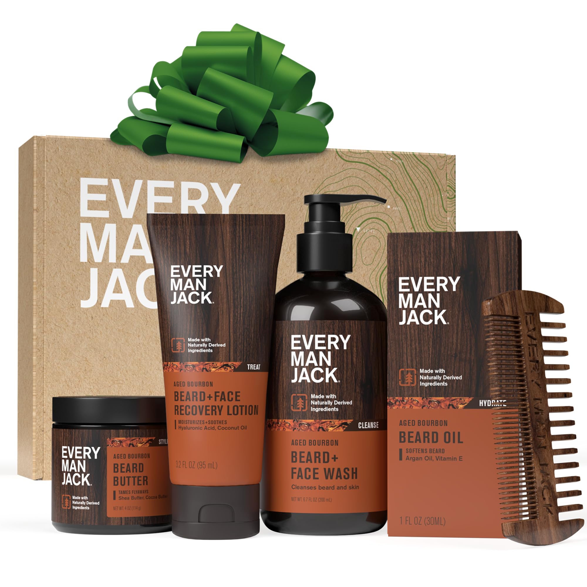 Every Man Jack Beard Essentials Gift Set for Men – Complete Routine with 5 Full-Size Products – Aged Bourbon Scent - Beard & Face Wash, Lotion, Oil, Butter & Comb