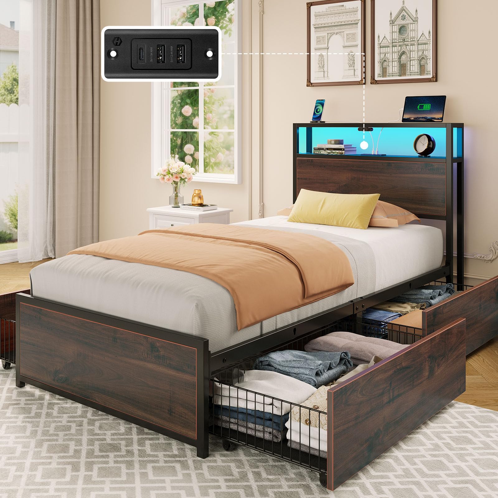 Rolanstar Twin Bed Frame with 4 Storage Drawers & 2-Tier Storage Headboard, Metal Platform Bed Frame with Charging Station & LED Lights, Noise-Free,