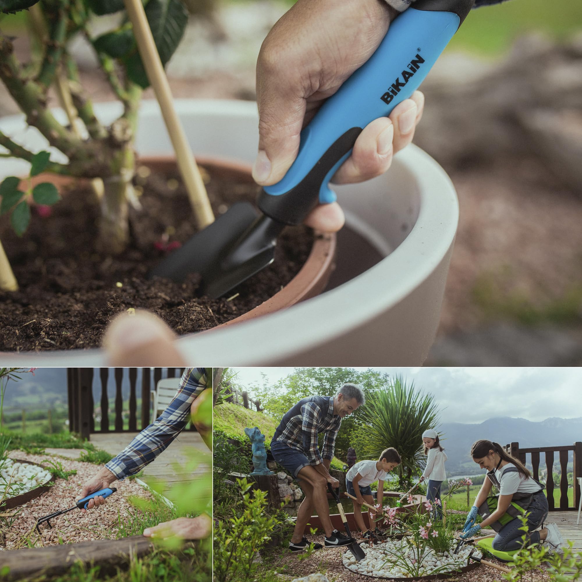 BIKAIN - Kit per giardinaggio e orticoltura - Include pala larga, piccone + forca e coltivatore - Manici ergonomici e antiscivolo - Utensili in acciaio - Utensili da giardinaggio