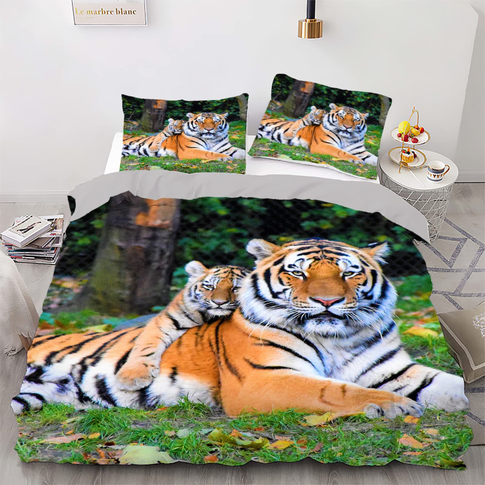 Housse de couette 160x200 tigre vert lit double hypoallergénique facile à laver