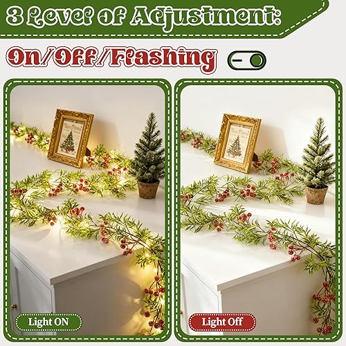 Miniatura 4 de Guirnalda de Navidad con luces, guirnalda de Navidad de 5.9 pies con bayas rojas, hojas de acebo verdes, guirnalda preiluminada para decoración de