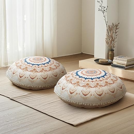 Set of 2 Round Meditation Cushions, Floor Pillow with Removable and Washable Cover, 80 cm Ergonomic Yoga Cushion with Pom Poms Details, Indoor/Outdoor Use, Brown