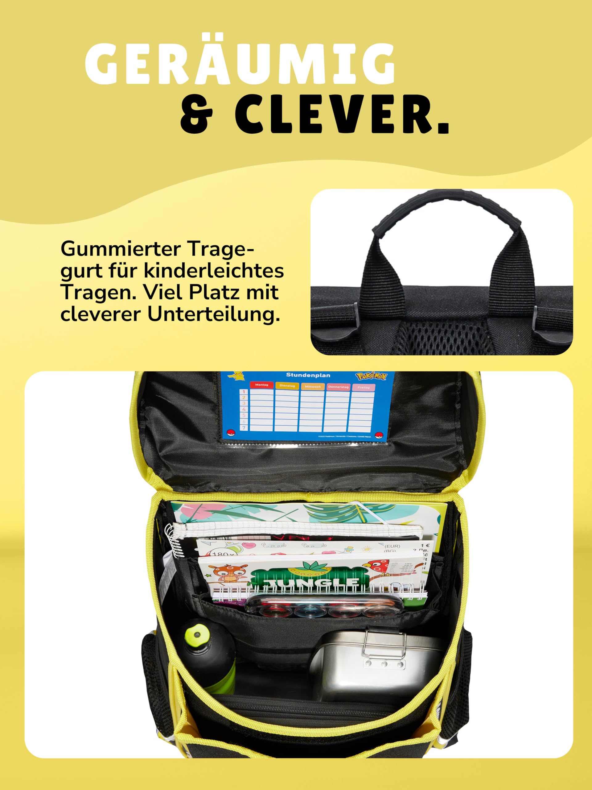 Familando - Schulranzen Set 10-teilig mit Schultüte - Pokémon mit Pikachu Motiv - Ergonomisch, stabil & mit gepolstertem Rücken - 990g leicht, 16L Volumen - Mit Reflektoren - ab 1. Klasse