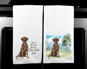 Chocolate Lab Labrador Landscape and Watercolor Dog Life is Better Microfiber Kitchen Tea Towel Set of 2