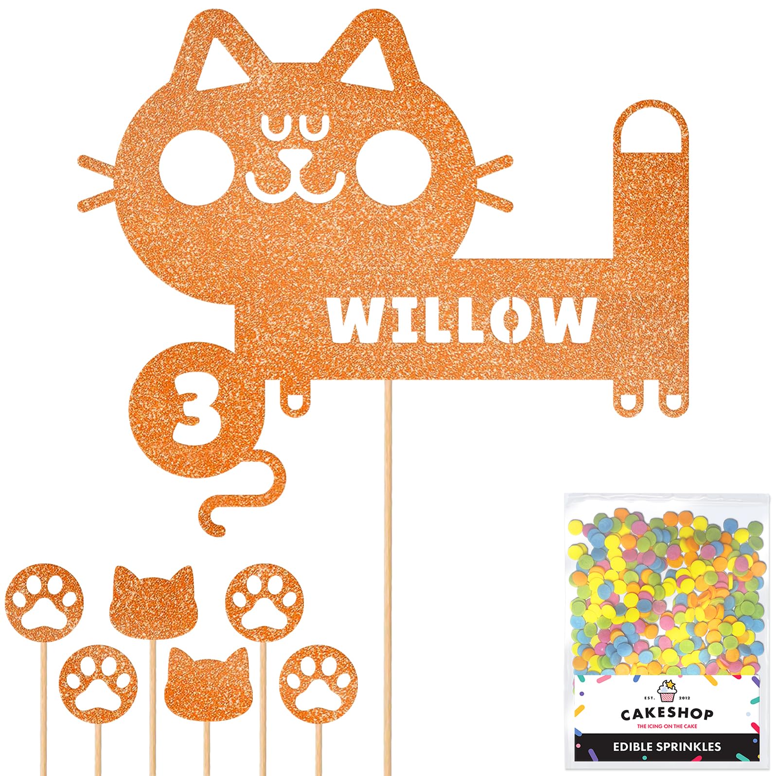 Personalised Birthday Cat Kitten Glitter Cake Topper- Copper Orange Any Name & Age Glitter Cake Decoration and Sprinkles - Happy Birthday Decorations - Personalised Toppers for Cakes by Cakeshop โ image 1