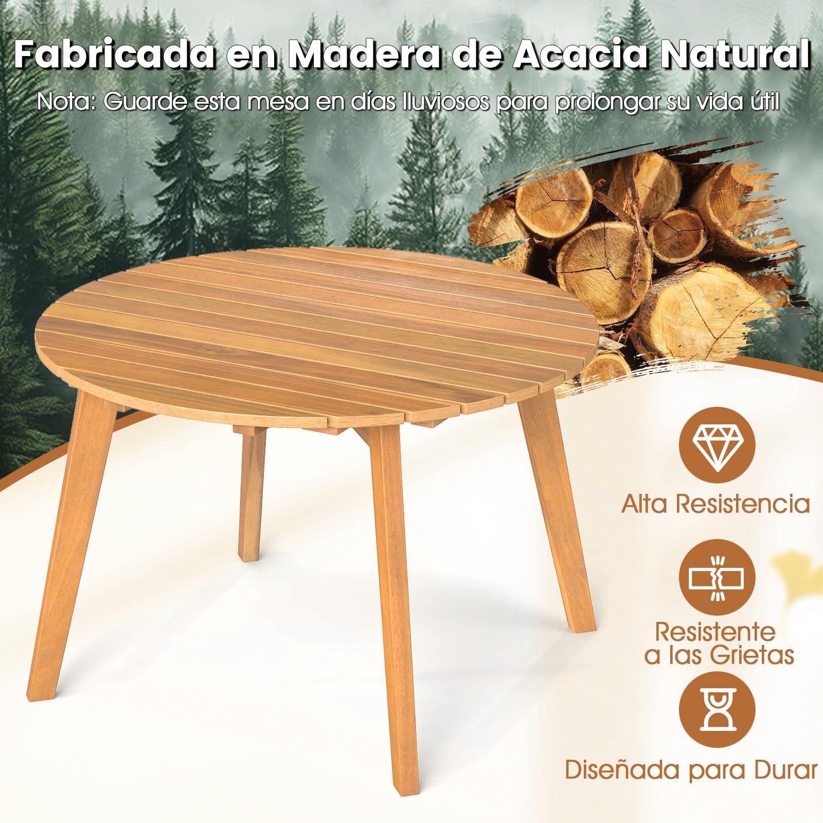 COSTWAY Mesa Auxiliar Redonda de Madera Acacia, 62x 40 cm, Tablero de Listones, Mesita Mesa Baja Jardin Balcon Terraza Exterior Interior Piscina Patio, Natural