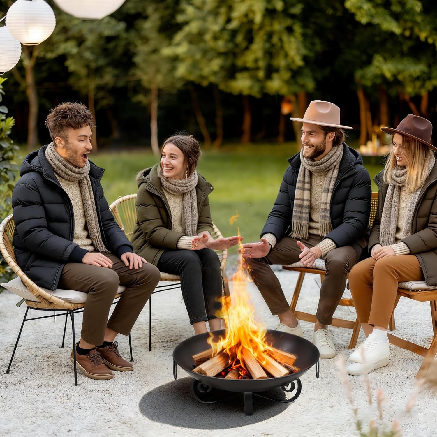 Happygrill 24" Outdoor Fire Pit Bowl, Heavy-Duty Wood Burning Firepit with Handles & Elevated Stand, Heat-Resistant Finish, Portable Fire Pits for Picnic BBQ Camping Bonfire