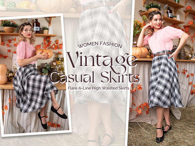 Falda A Cuadros Vintage De Cintura Alta - Falda Acampanada Con Bolsillos, Ideal Para Looks Casuales Y Elegantes