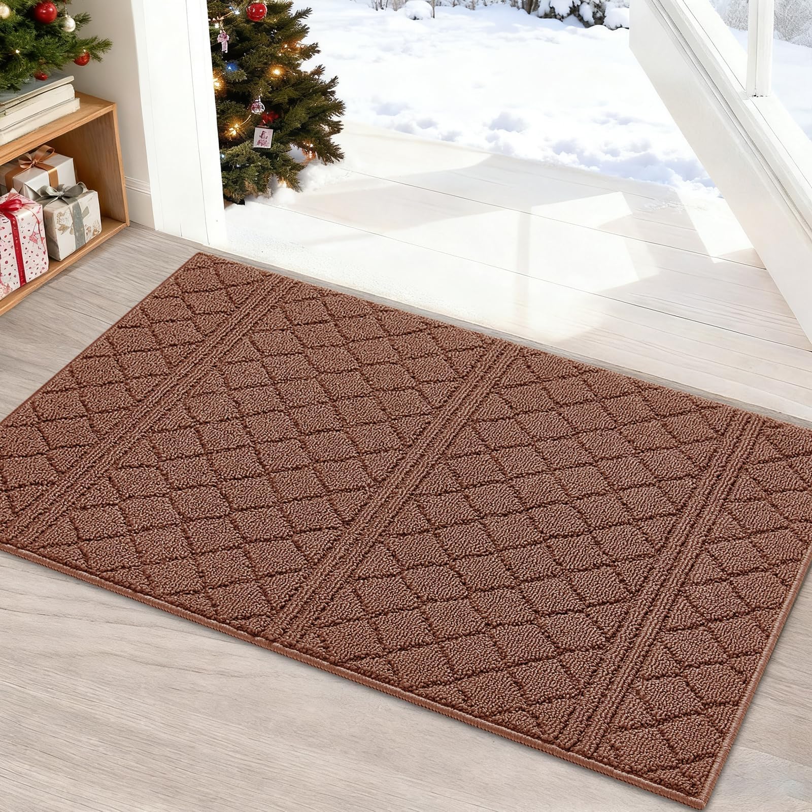 REFETONE Indoor Doormat, Front Back Door Mat 24"x36" Rubber Backing Non Slip Mats, Absorbent Resist Dirt Entrance Rugs for Entryway, Washable Low-Profile Inside Floor Mat for Muddy Shoes, Chocolate
