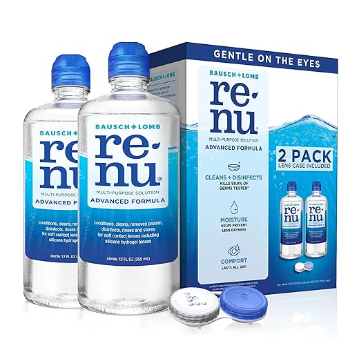 Renu Contact Lens Solution, Advanced Formula, 12 Fl Oz (Pack of 2), Conditions & Hydrates Lenses, 20 Hours Moisture, 3 Disinfectants, For Soft & Silicon Hydrogel Lenses