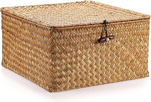 Miniatura 10 de Hipiwe Canasta de mimbre con tapa, tejida a mano, cesta de almacenamiento de hierba marina, contenedor cuadrado multiusos para el hogar, cajas para
