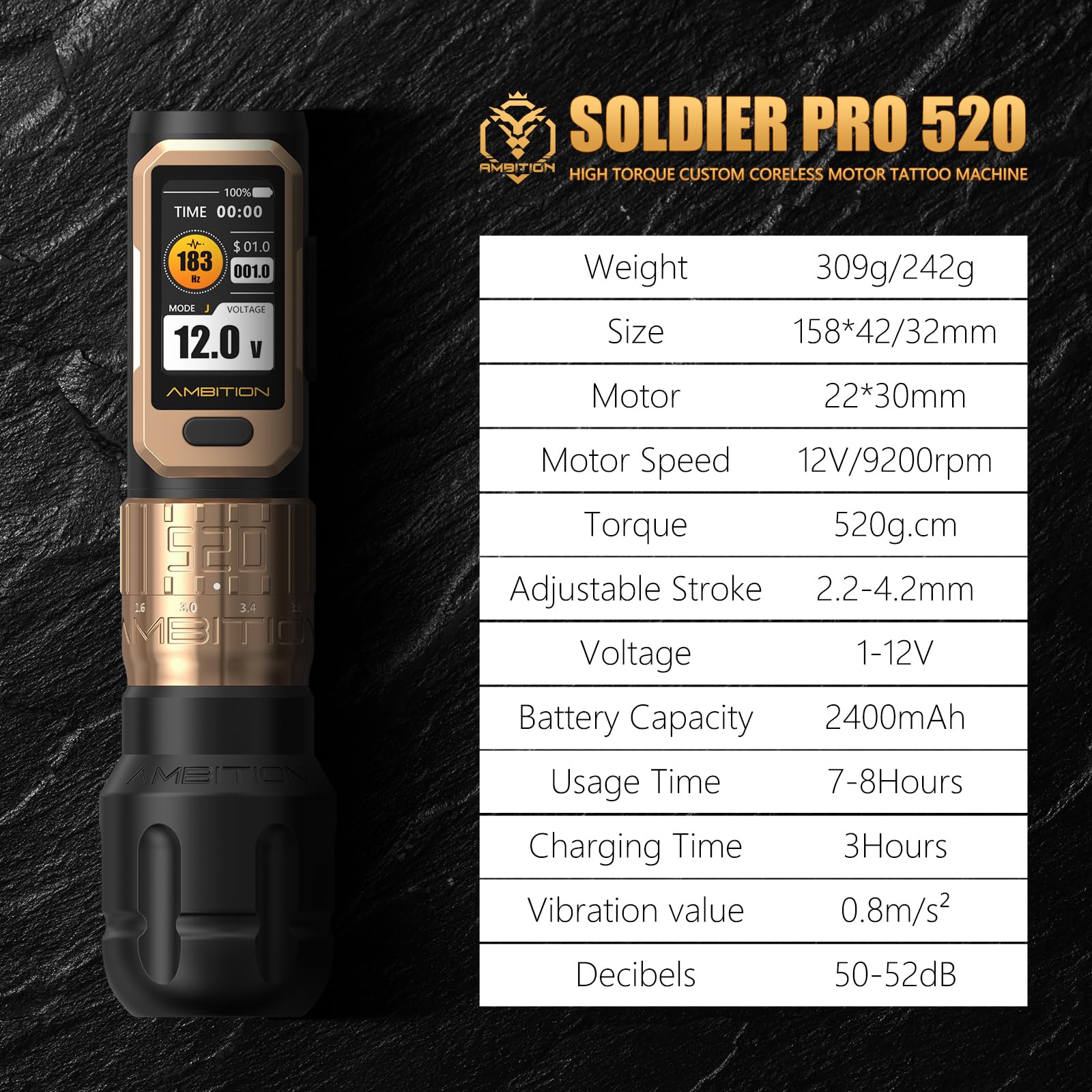 Ambition Soldier Pro 520 Máquina de Tatuar Rotativa Inalámbrica Pluma con Par Ultra Alto 520 g·cm, Carrera Ajustable y Batería 2400mAh para Artistas Profesionales